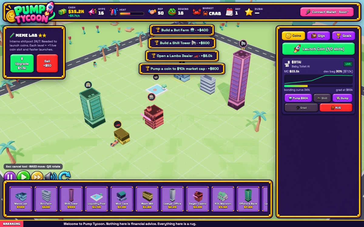 Pump Tycoon gameplay: a 3D island with towers, a coin chart and the build dock